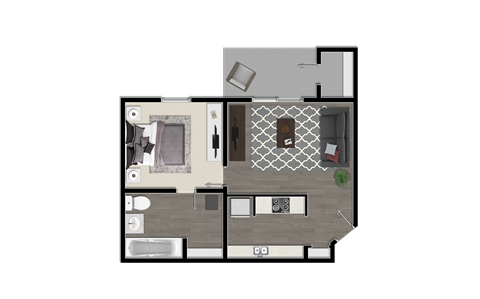 Floor plan for 1 bed, 1 bath, 595 sqft